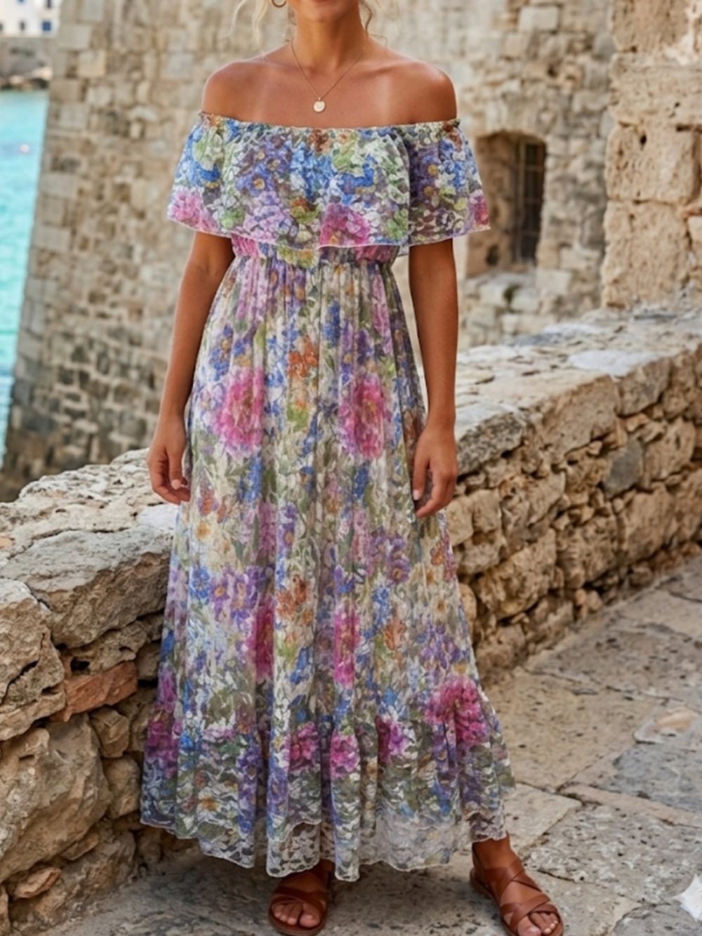 Elle Floral Off-Shoulder Maxi Dress in Pink, Blue, Green